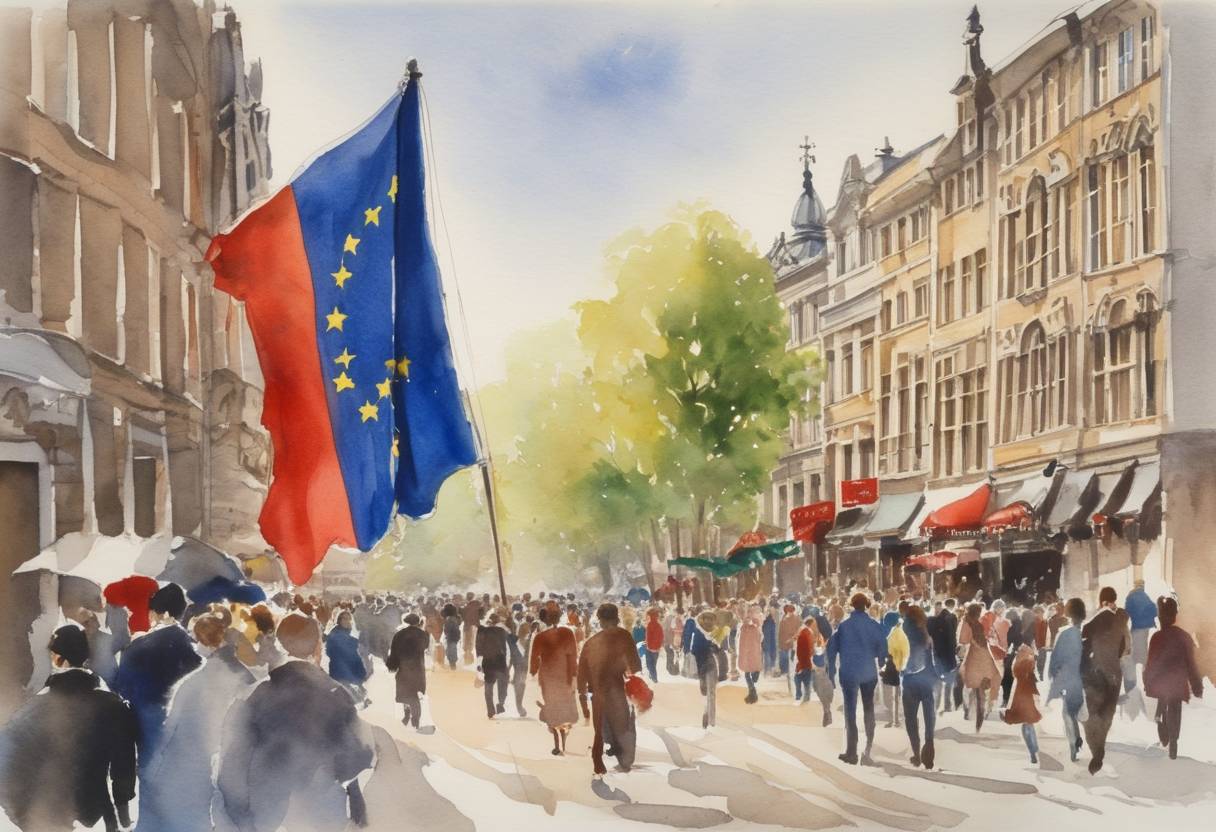 Watercolor painting based depiction of The European Community adopts the European flag. (1986)