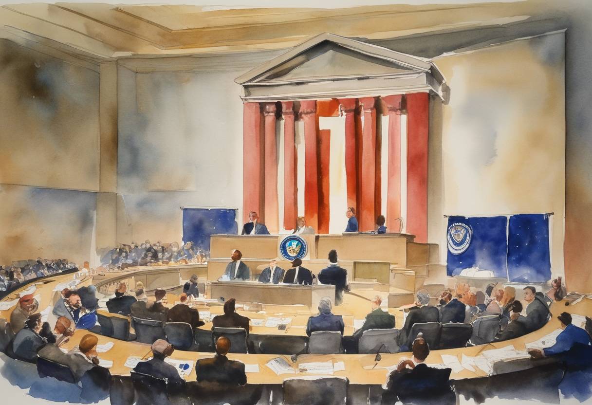 Watercolor painting based depiction of The Federal Communications Commission (FCC) rescinds the Fairness Doctrine, which required broadcasters to present both sides of controversial issues. (1987)
