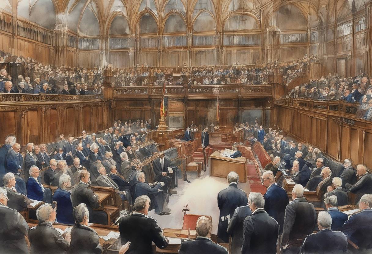 Watercolor painting based depiction of The House of Commons passed a vote of no confidence against Prime Minister James Callaghan's government, leading to a general election in the United Kingdom. (1979)