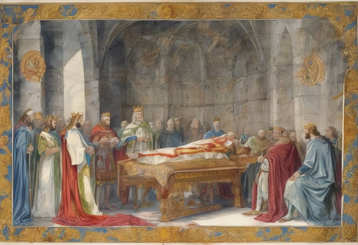 Watercolor painting based depiction of The death of Lothair I, Holy Roman Emperor, leads to the Treaty of Prüm, dividing his kingdom among his three sons, which contributes to the fragmentation of the Carolingian Empire. (855)