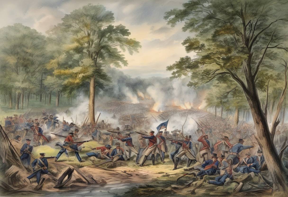 Watercolor painting based depiction of The Battle of Cedar Creek takes place during the American Civil War, resulting in a Union victory that helps secure the Shenandoah Valley. (1864)