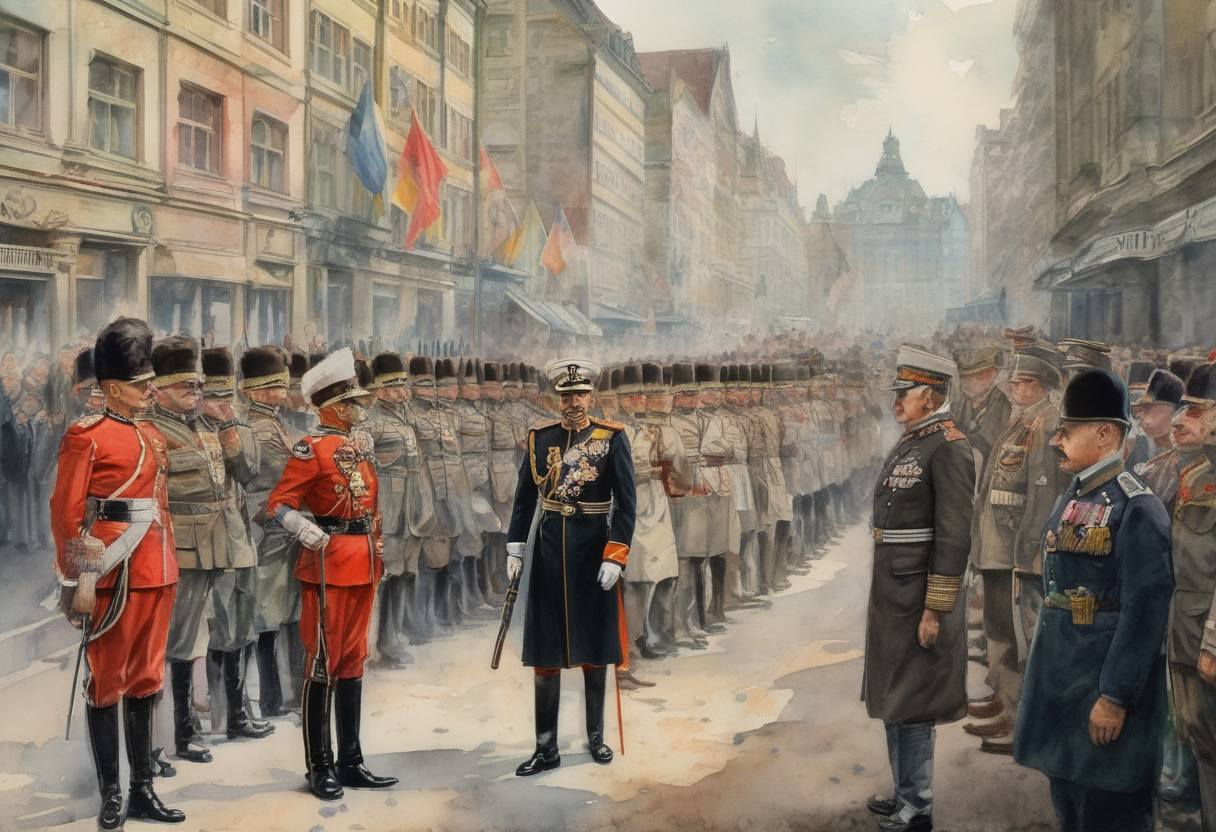Watercolor painting based depiction of Kaiser Wilhelm II of Germany abdicated, leading to the end of the German Empire and paving the way for the establishment of the Weimar Republic. (1918)