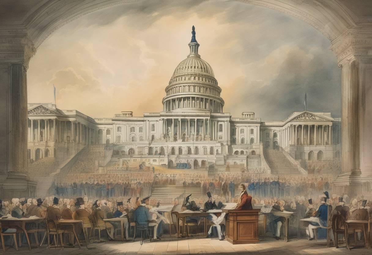 Watercolor painting based depiction of The United States Congress proposed the Bill of Rights, the first ten amendments to the U.S. Constitution, which were designed to protect individual liberties. (1789)