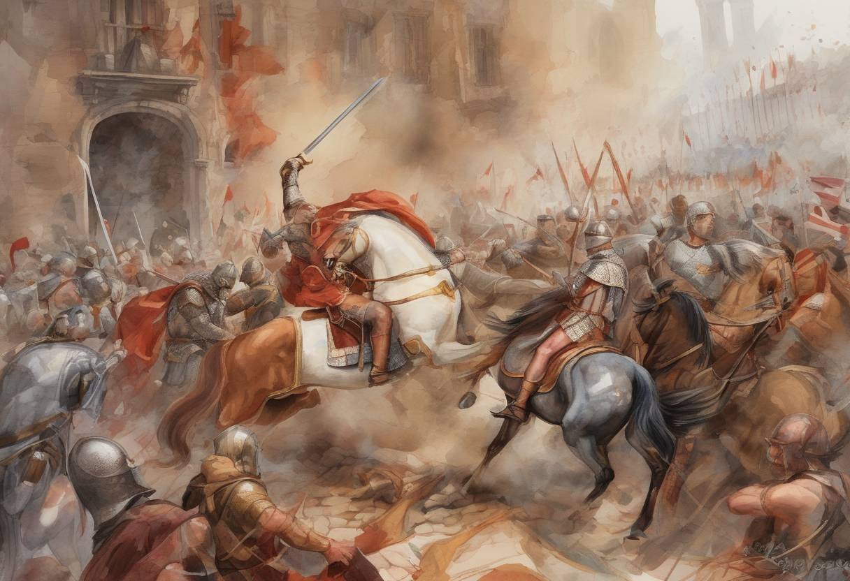 Watercolor painting based depiction of Odoacer, the first King of Italy, is defeated by Theodoric the Great at the Battle of Verona. (493)