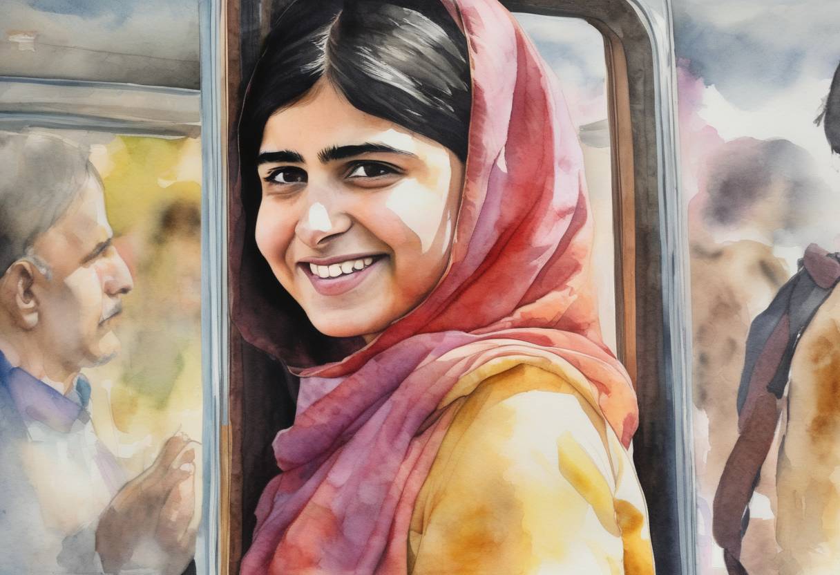 Watercolor painting based depiction of Malala Yousafzai, a Pakistani schoolgirl and education activist, was shot in the head by Taliban gunmen while riding a bus home from school. She survived the attack and became a global advocate for girls' education. (2012)