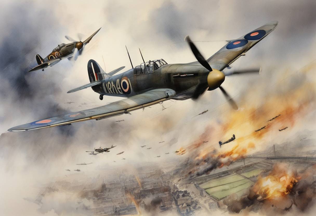 Watercolor painting based depiction of The Battle of Britain reached its climax as the Royal Air Force (RAF) successfully repelled a large-scale attack by the German Luftwaffe, marking a turning point in World War II. (1940)