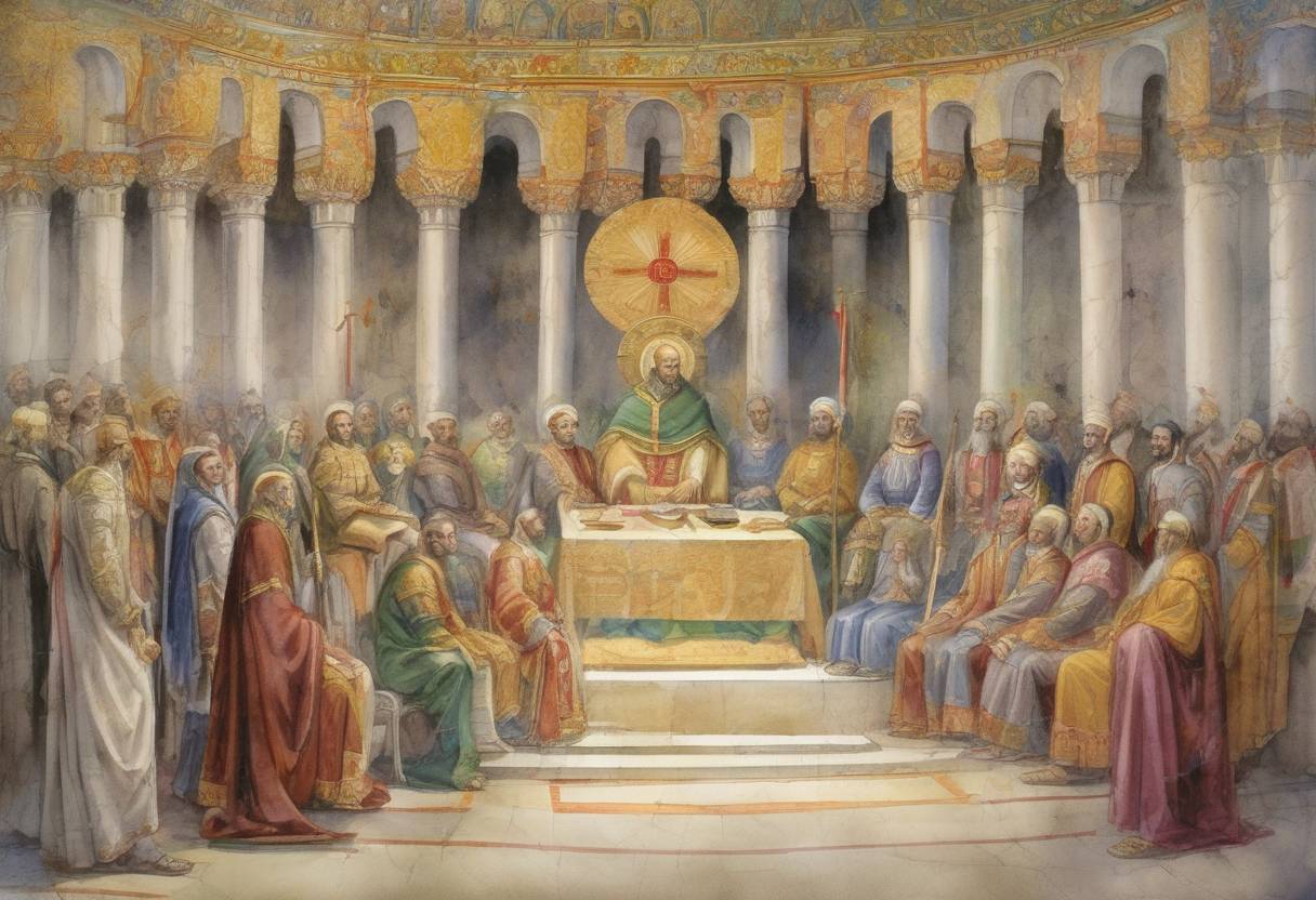Watercolor painting based depiction of The Fourth Council of Constantinople closes, which was the eighth ecumenical council of the Christian Church. (870)
