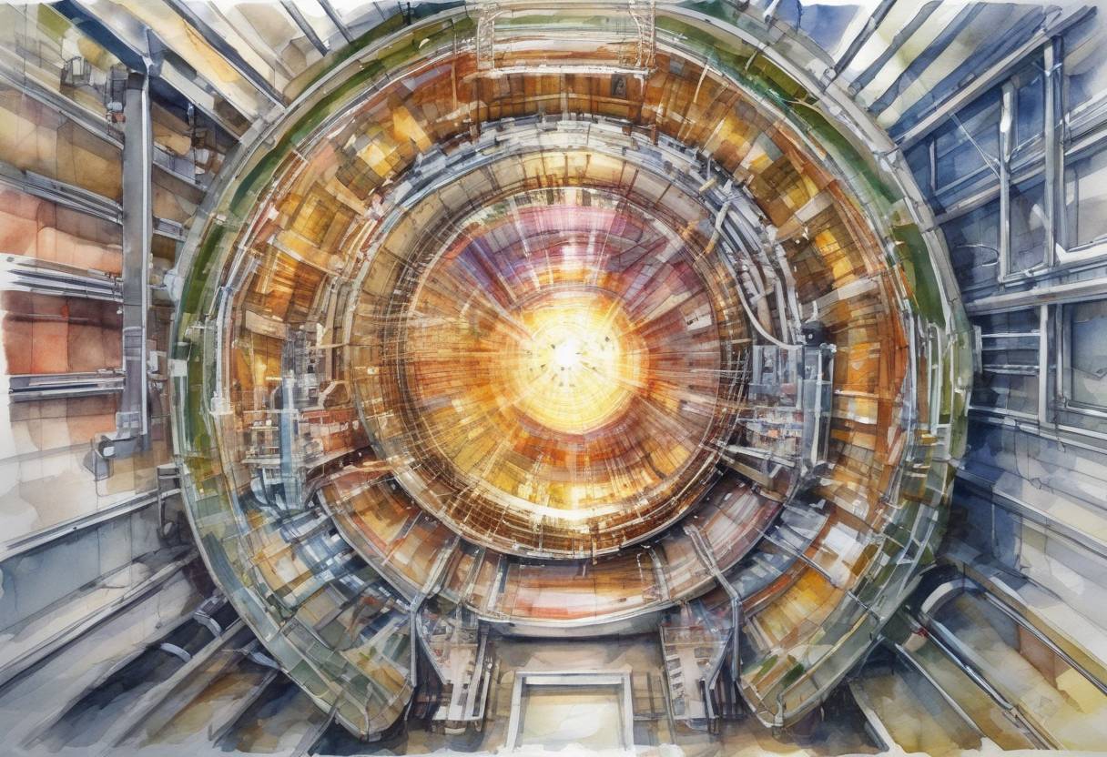 Watercolor painting based depiction of The Large Hadron Collider (LHC) at CERN, the European Organization for Nuclear Research, was powered up for the first time, marking a significant milestone in particle physics. (2008)