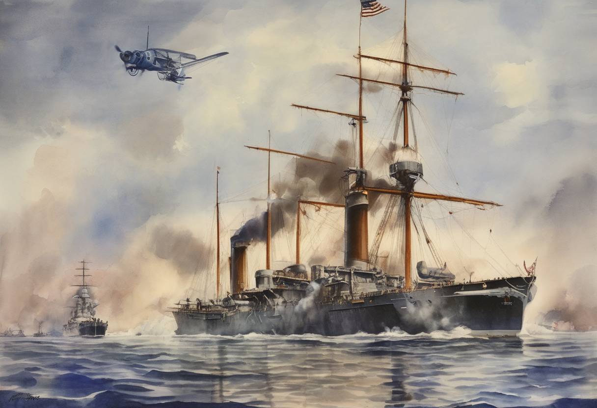Watercolor painting based depiction of Eugene Burton Ely performs the first takeoff from a ship, the USS Birmingham, in Hampton Roads, Virginia, marking a significant event in naval aviation history. (1910)