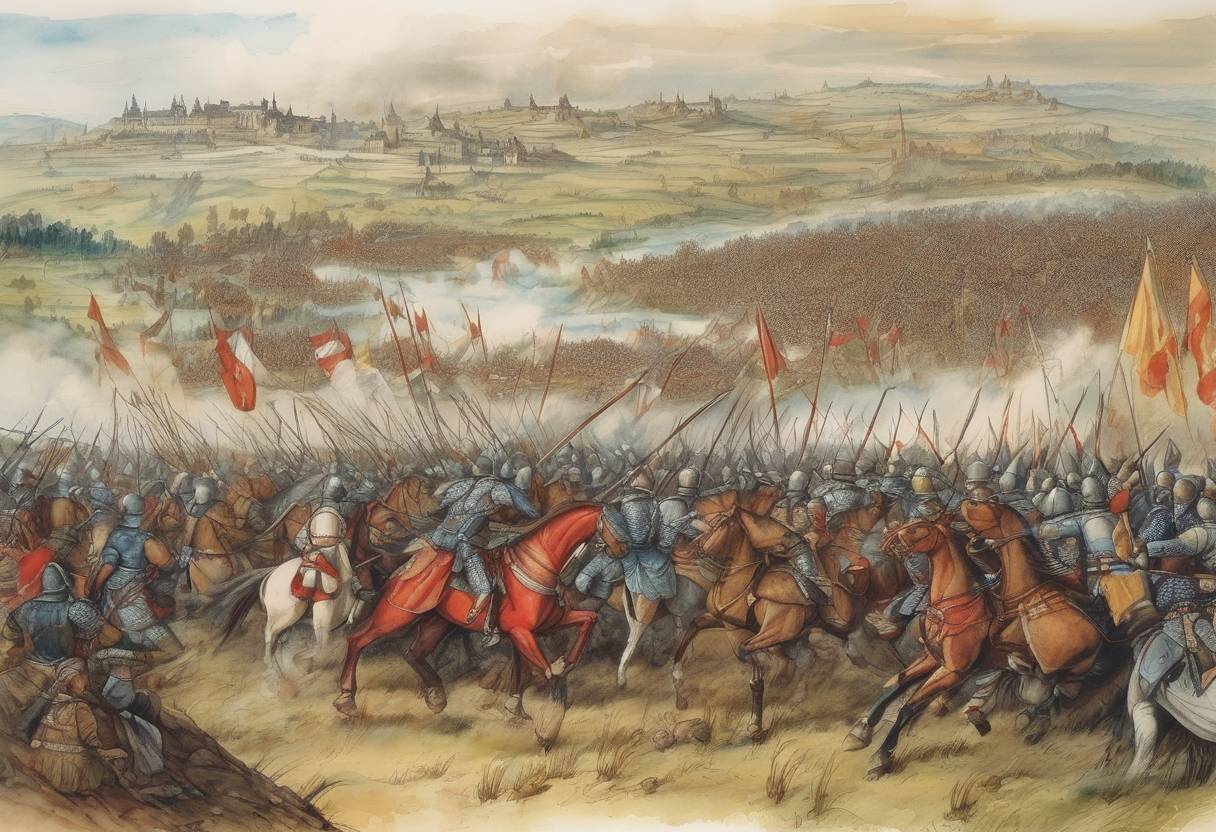 Watercolor painting based depiction of The Battle of Mohács took place, marking a decisive victory for the Ottoman Empire over the Kingdom of Hungary. This battle led to the partition of Hungary for several centuries. (1526)