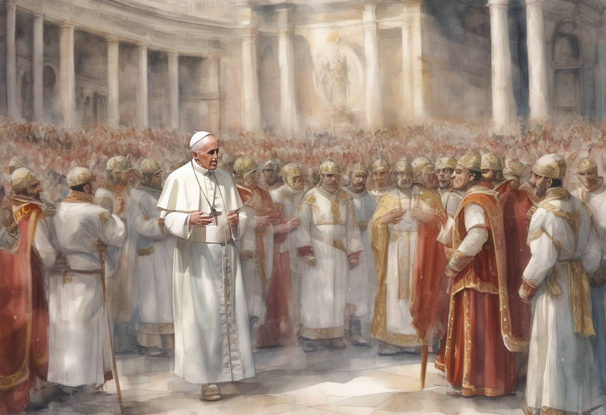 Watercolor painting based depiction of Pope Paul I dies. His papacy was marked by his efforts to maintain the independence of the Papal States and his support for the veneration of icons during the period of Byzantine Iconoclasm. (767)