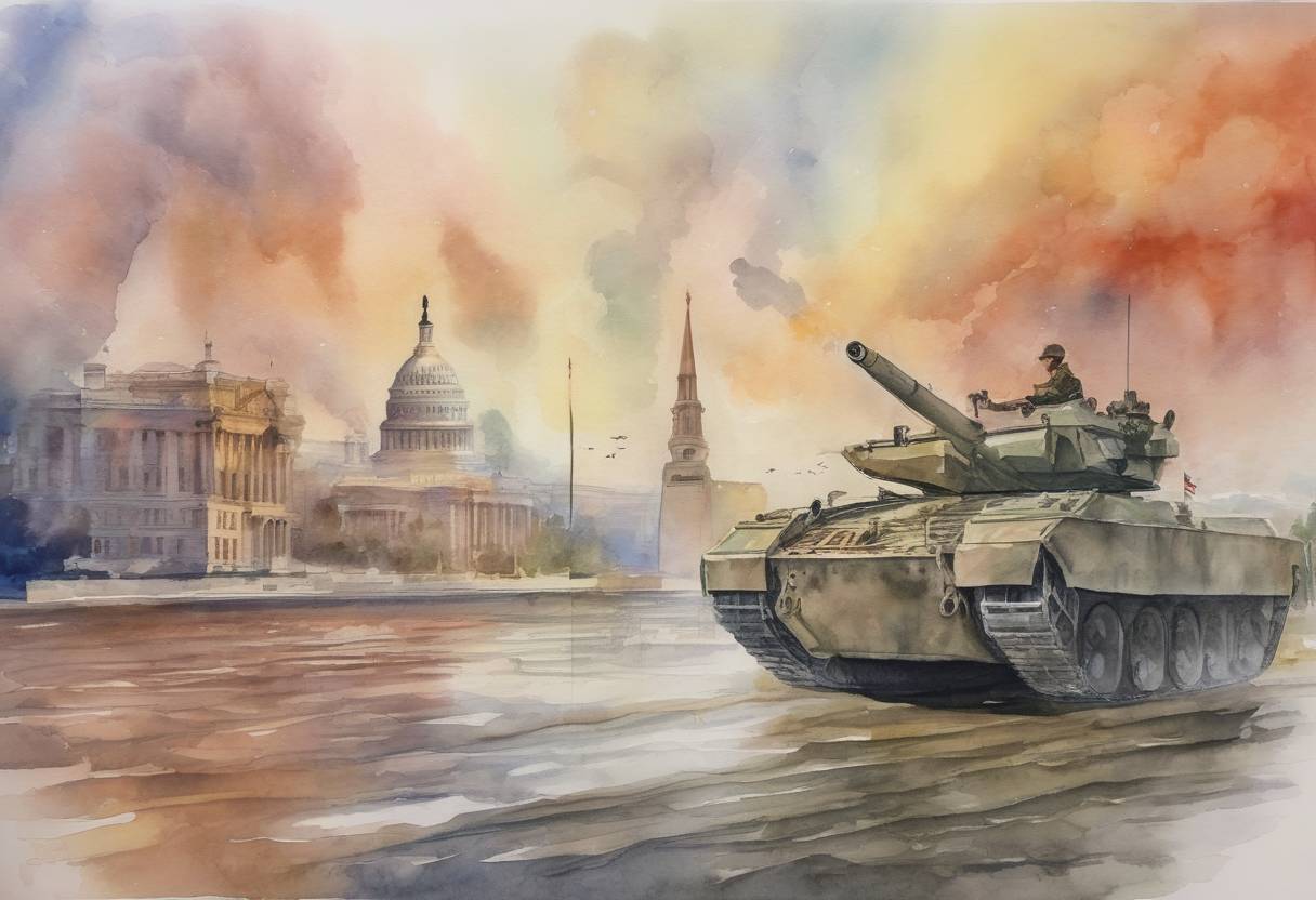 Watercolor painting based depiction of The United States imposes new sanctions on Russia, Iran, and North Korea, targeting their defense and energy sectors, in response to various geopolitical tensions. (2017)