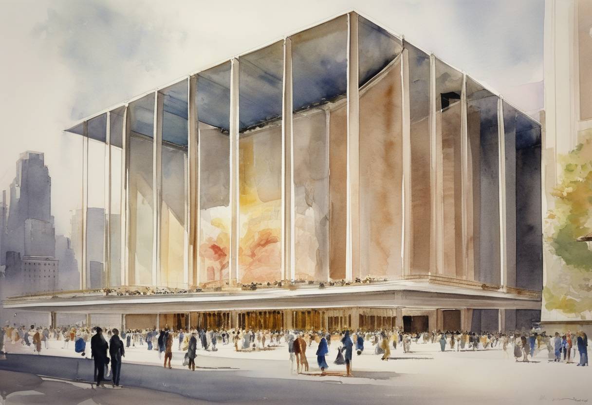 Watercolor painting based depiction of The Lincoln Center for the Performing Arts opened in New York City, becoming a major cultural venue. (1962)