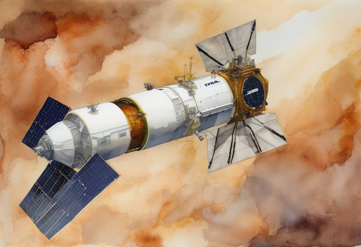 Watercolor painting based depiction of NASA launched the MAVEN spacecraft to study the Martian atmosphere, aiming to understand the planet's climate history and the loss of its atmosphere. (2013)