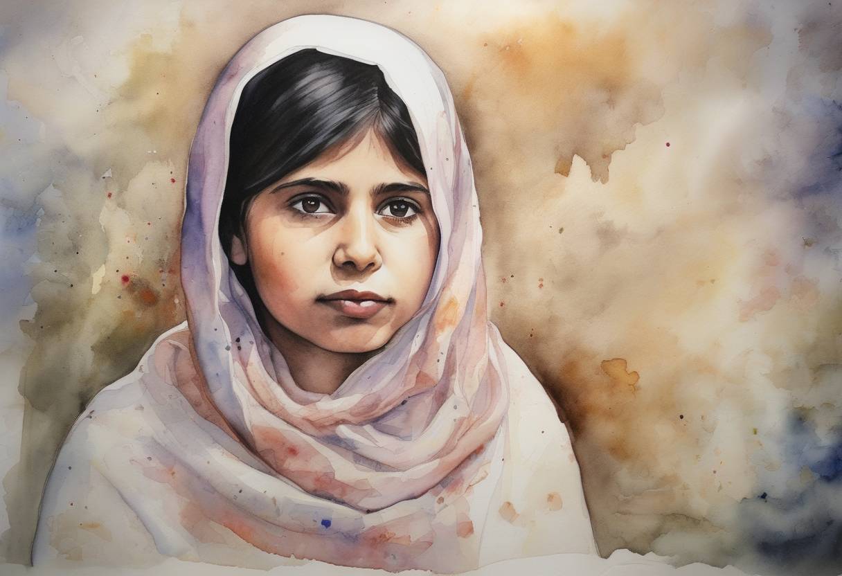Watercolor painting based depiction of The European Union awarded the Sakharov Prize for Freedom of Thought to Malala Yousafzai, recognizing her advocacy for girls' education and her bravery in the face of Taliban violence. (2013)