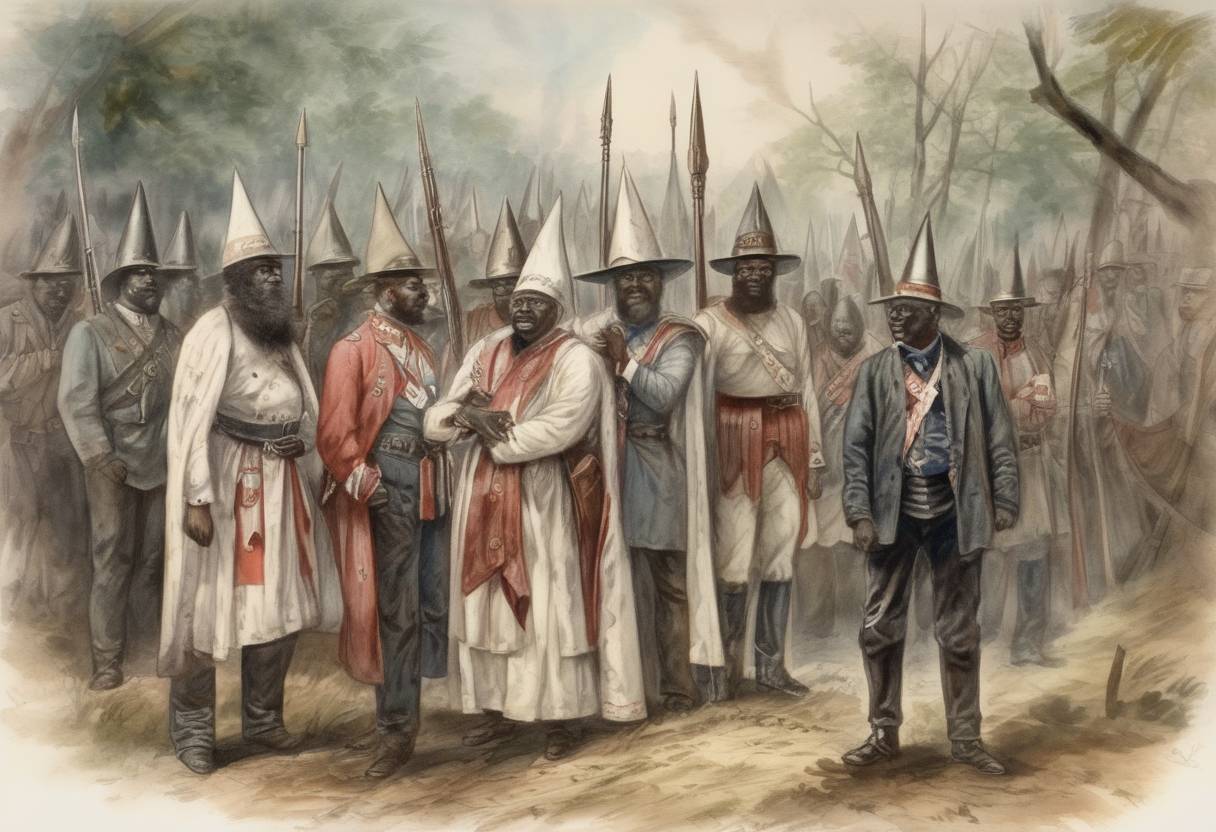 Watercolor painting based depiction of The Ku Klux Klan was founded in Pulaski, Tennessee, by a group of Confederate veterans. The organization became known for its violent actions against African Americans and other minority groups during the Reconstruction era and beyond. (1865)
