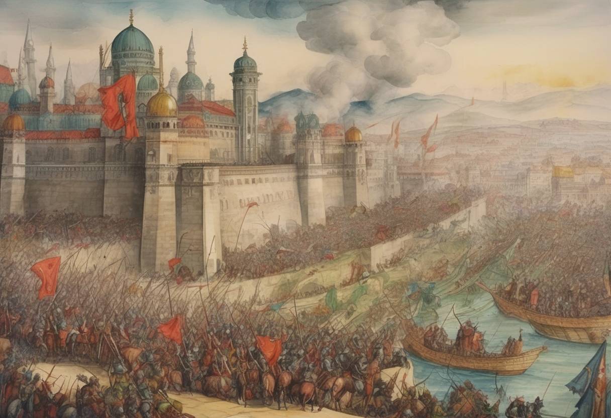 Watercolor painting based depiction of The Siege of Vienna ends as the Ottoman Empire, led by Suleiman the Magnificent, withdraws after failing to capture the city from the Habsburgs. (1529)