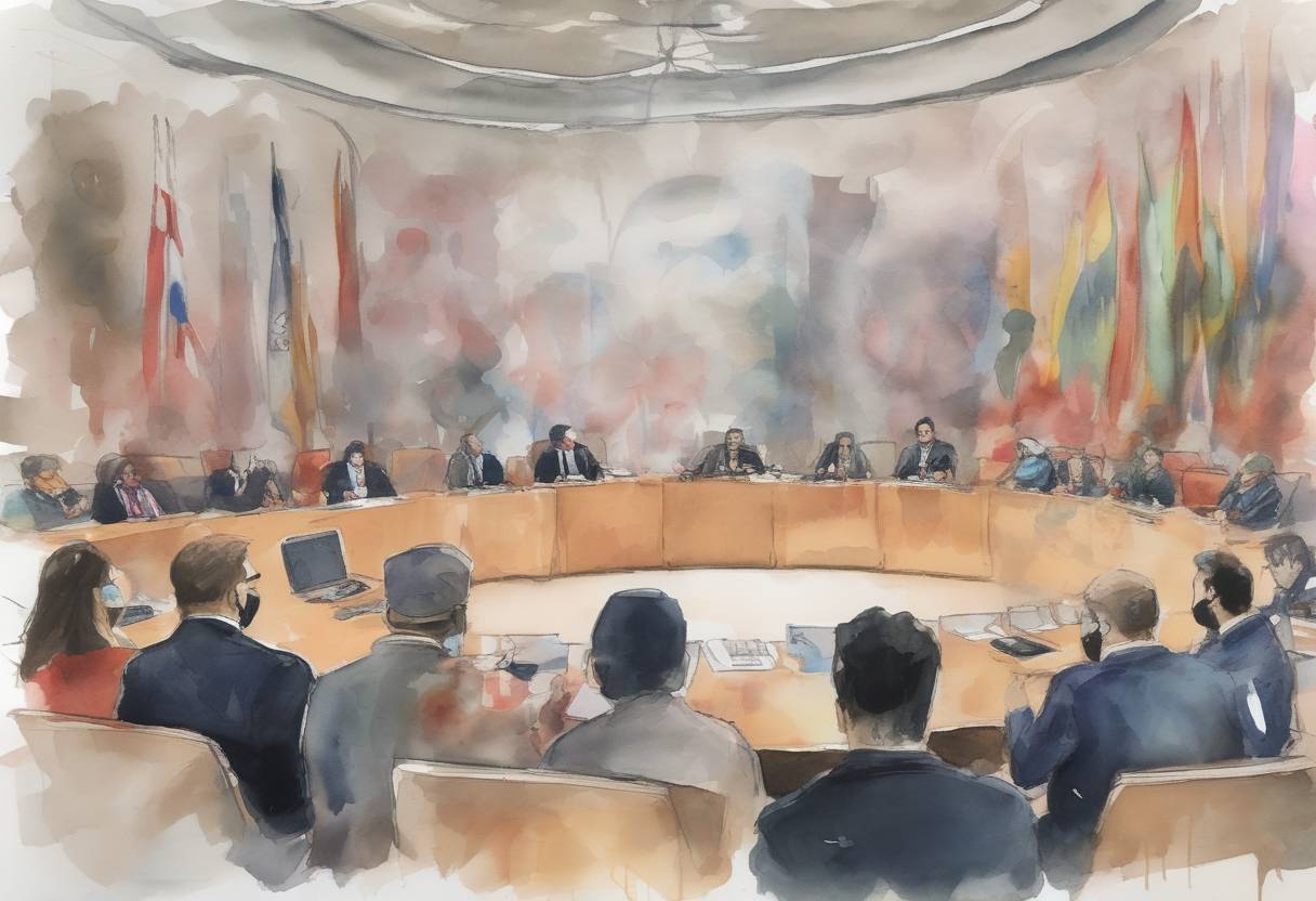 Watercolor painting based depiction of The United Nations Human Rights Council holds an urgent debate on racism and police brutality following global protests sparked by the death of George Floyd. (2020)