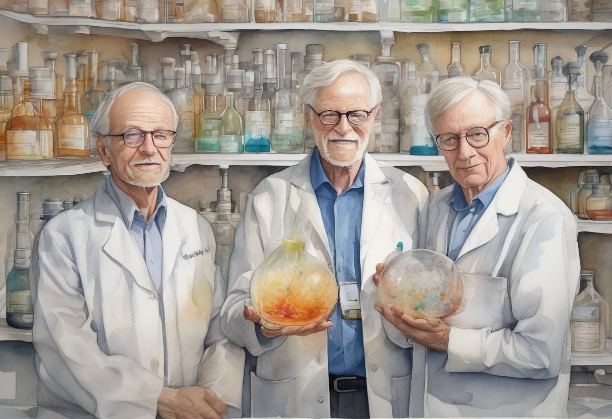 Watercolor painting based depiction of The Nobel Prize in Chemistry is awarded to Jacques Dubochet, Joachim Frank, and Richard Henderson for developing cryo-electron microscopy. (2017)