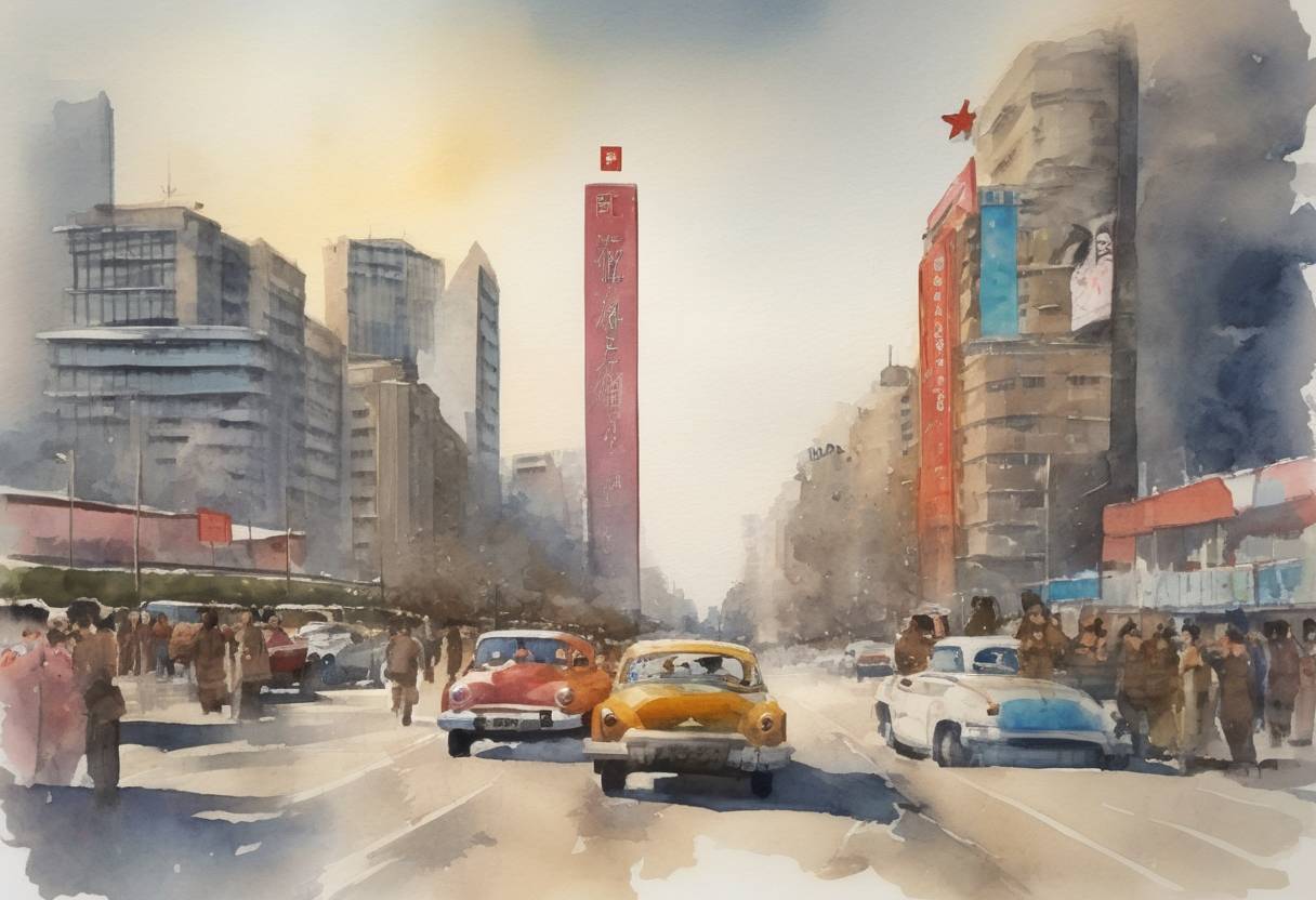 Watercolor painting based depiction of North Korea moved its clocks back by 30 minutes to create 'Pyongyang Time,' a move to establish a separate time zone from South Korea and Japan. (2015)