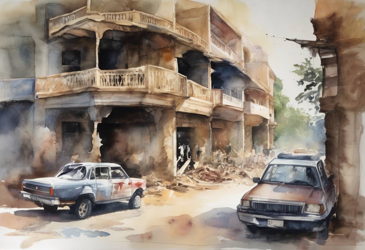 Watercolor painting based depiction of A suicide bombing of a hotel in Mombasa, Kenya, killed 13 people and injured 80. The attack targeted Israeli tourists and was linked to al-Qaeda. (2002)