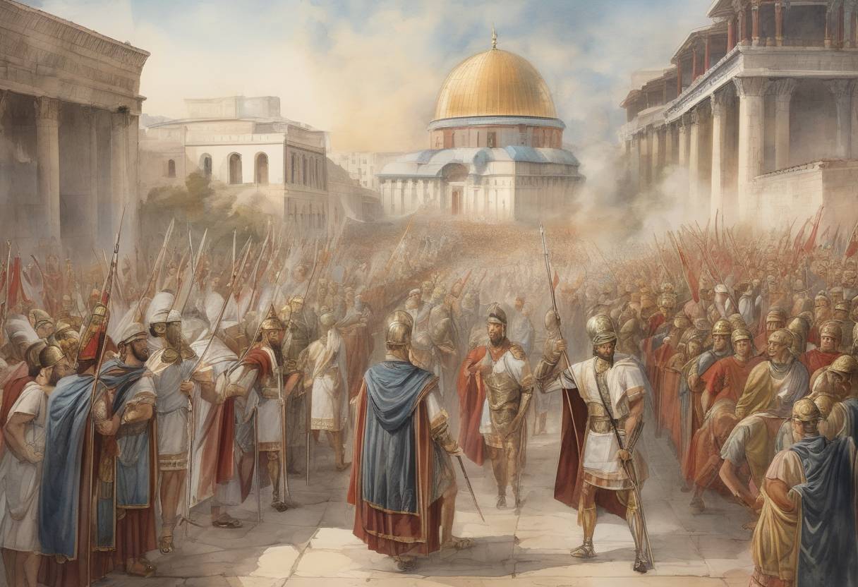 Watercolor painting based depiction of Theodosius I makes his entry into Constantinople, marking the beginning of his reign as the sole ruler of the Eastern Roman Empire. (380)