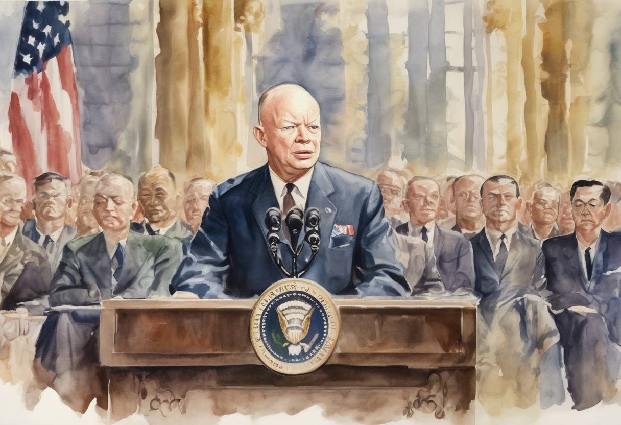 Watercolor painting based depiction of U.S. President Dwight D. Eisenhower gives his "domino theory" speech during a news conference, explaining why the United States should continue to support French Indochina. (1954)