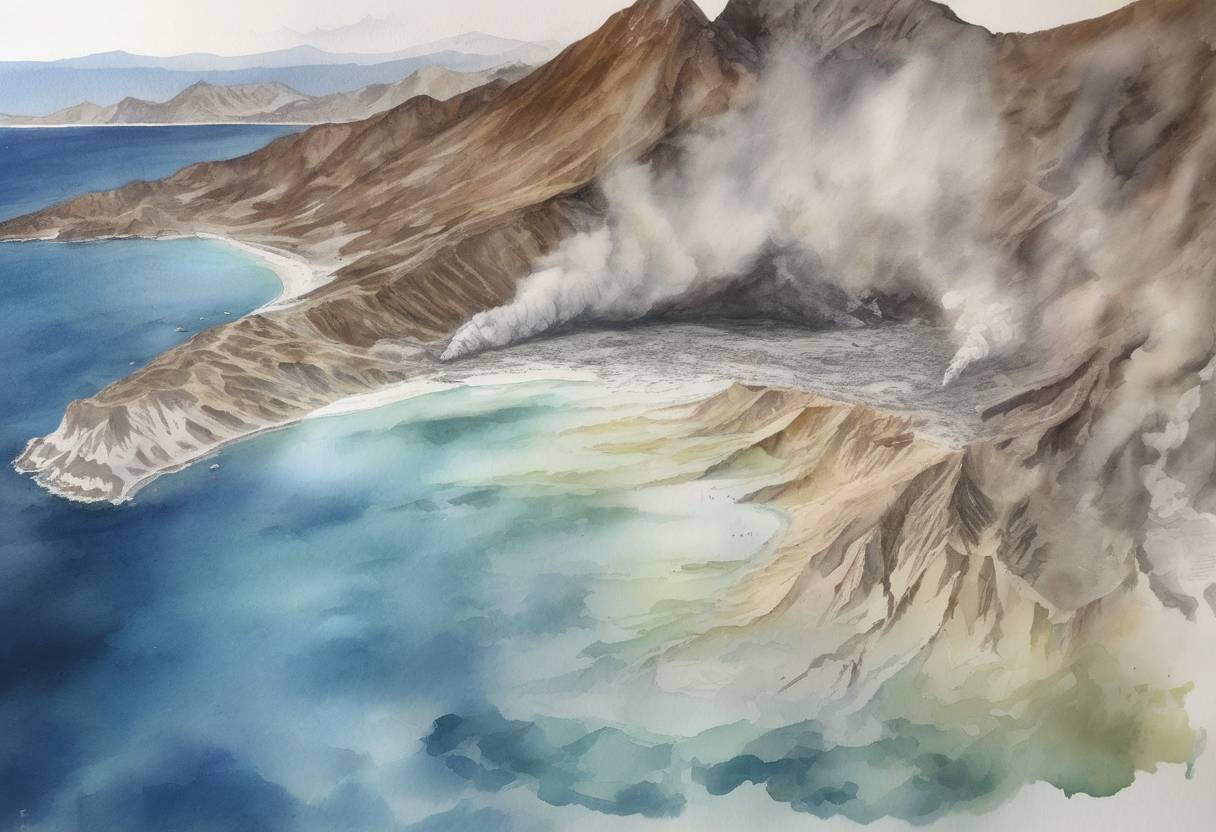 Watercolor painting based depiction of A volcanic eruption occurred on White Island in New Zealand, resulting in 22 deaths and numerous injuries among tourists and guides present on the island. (2019)