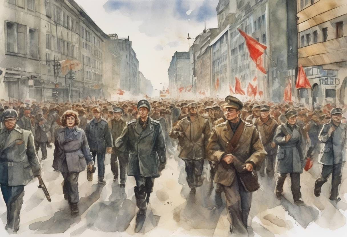 Watercolor painting based depiction of The East German uprising occurs as workers protest against the government, leading to Soviet military intervention. (1953)