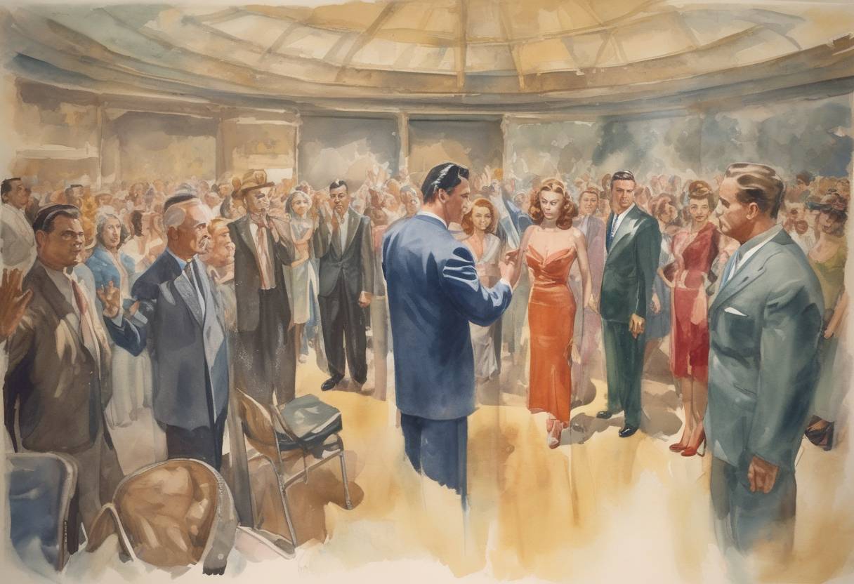 Watercolor painting based depiction of The Screen Actors Guild implements a voluntary loyalty oath to combat alleged communist influence in Hollywood. (1947)