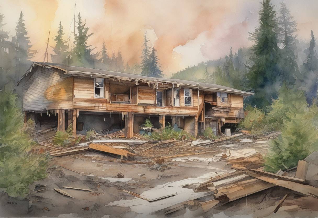Watercolor painting based depiction of The Nisqually earthquake, a magnitude 6.8 earthquake, struck the Puget Sound region of Washington State, causing significant damage and injuries. (2001)