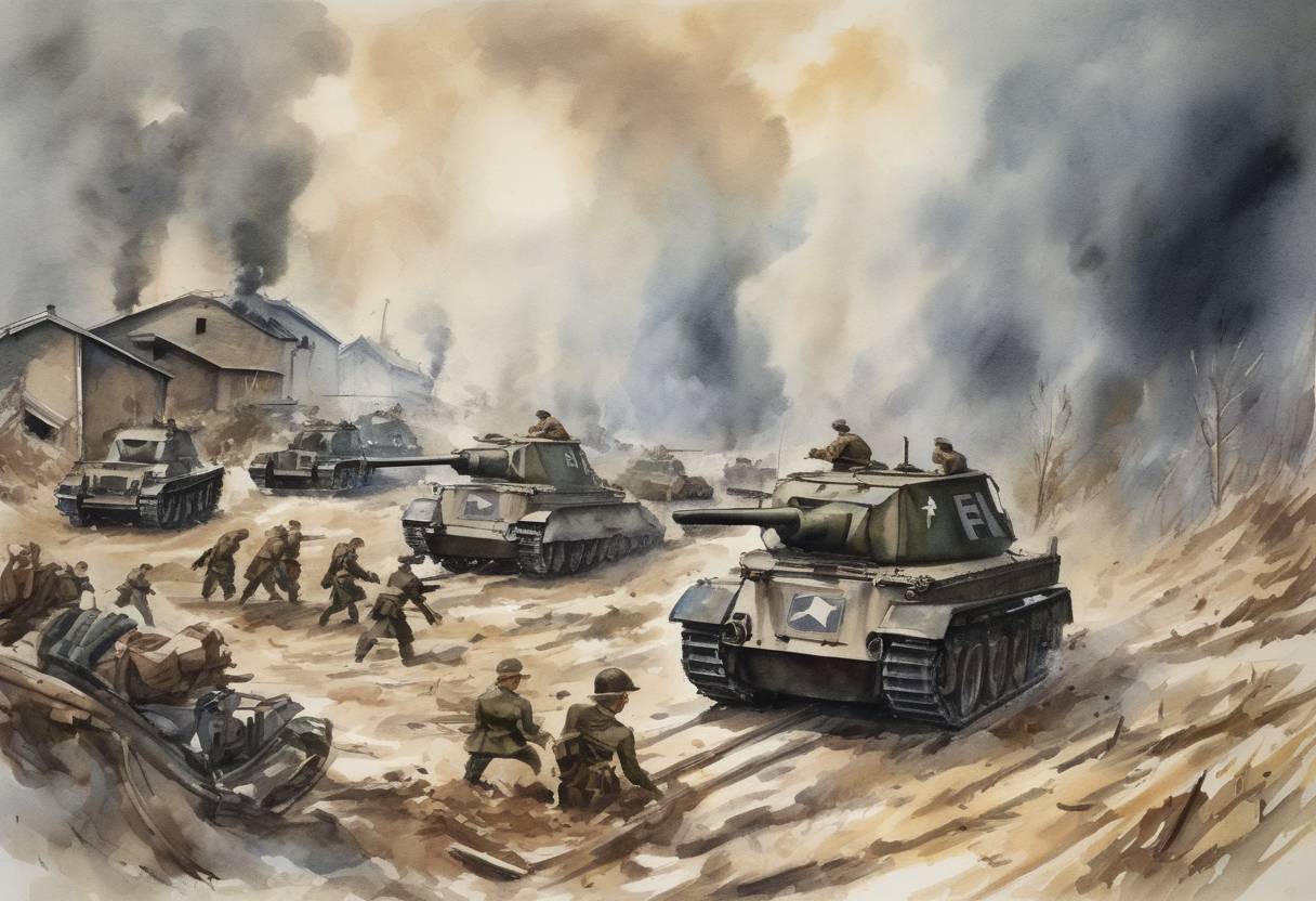 Watercolor painting based depiction of Nazi Germany stages a fake Polish attack on a German radio station, providing a pretext for the invasion of Poland. (1939)