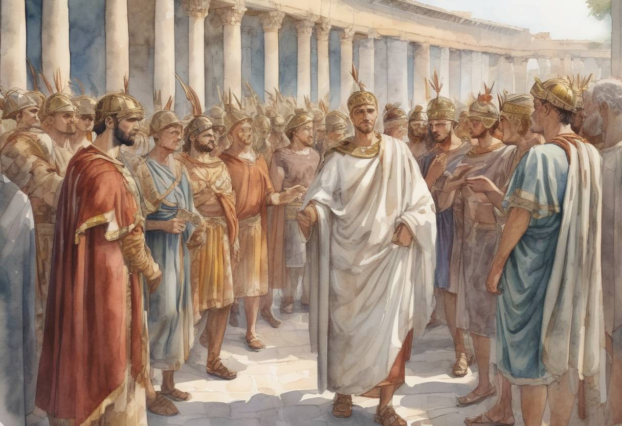 Watercolor painting based depiction of Romulus Augustulus is proclaimed Western Roman Emperor. (475)