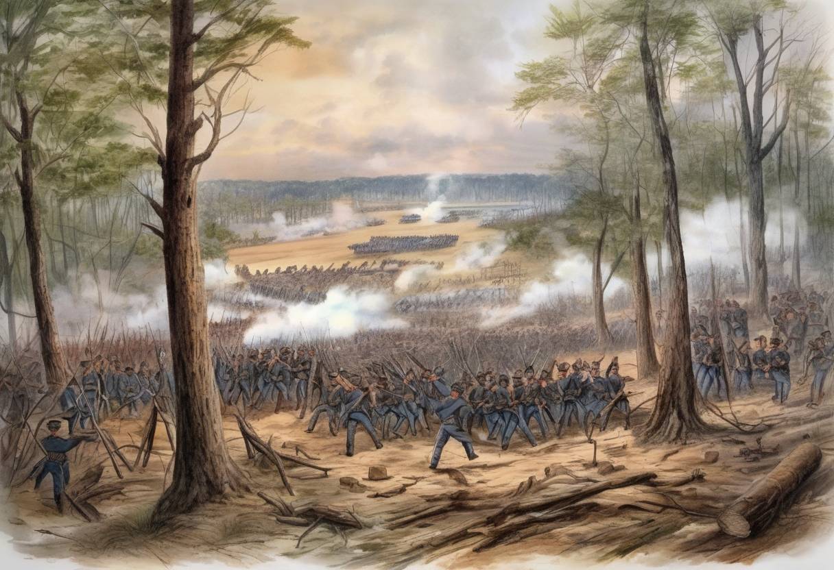 Watercolor painting based depiction of The Battle of Shiloh, one of the major early engagements of the American Civil War, began in southwestern Tennessee. (1862)