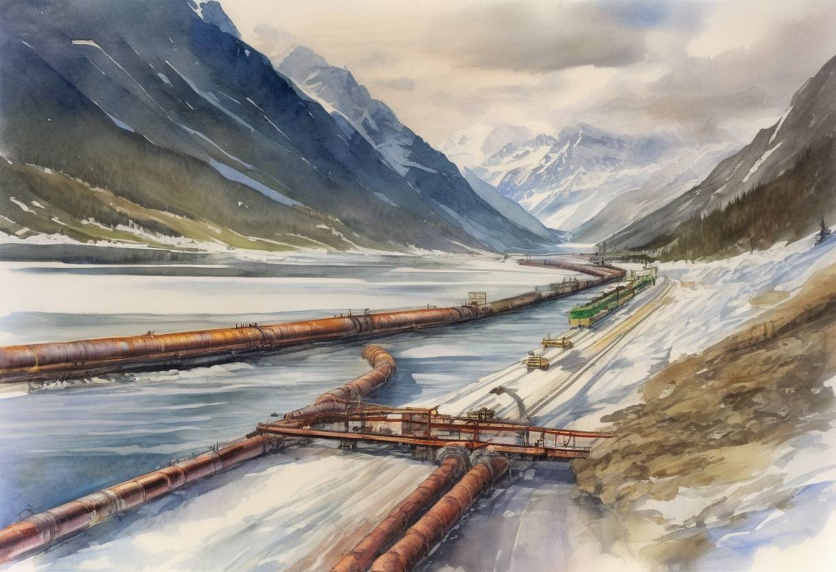Watercolor painting based depiction of The Trans-Alaska Pipeline System is completed, allowing oil to be transported from the North Slope of Alaska to the port of Valdez. (1977)