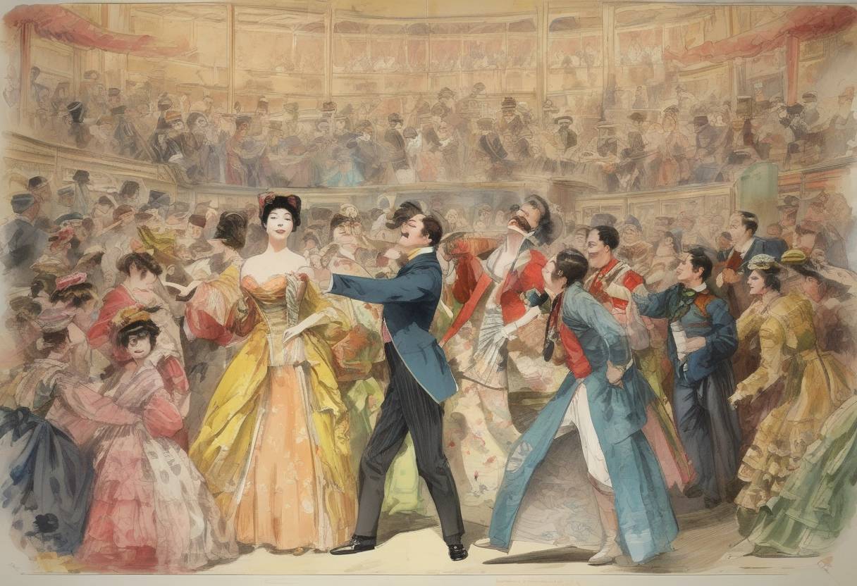 Watercolor painting based depiction of The Mikado, a comic opera by Gilbert and Sullivan, premieres at the Savoy Theatre in London, becoming one of their most popular works. (1885)