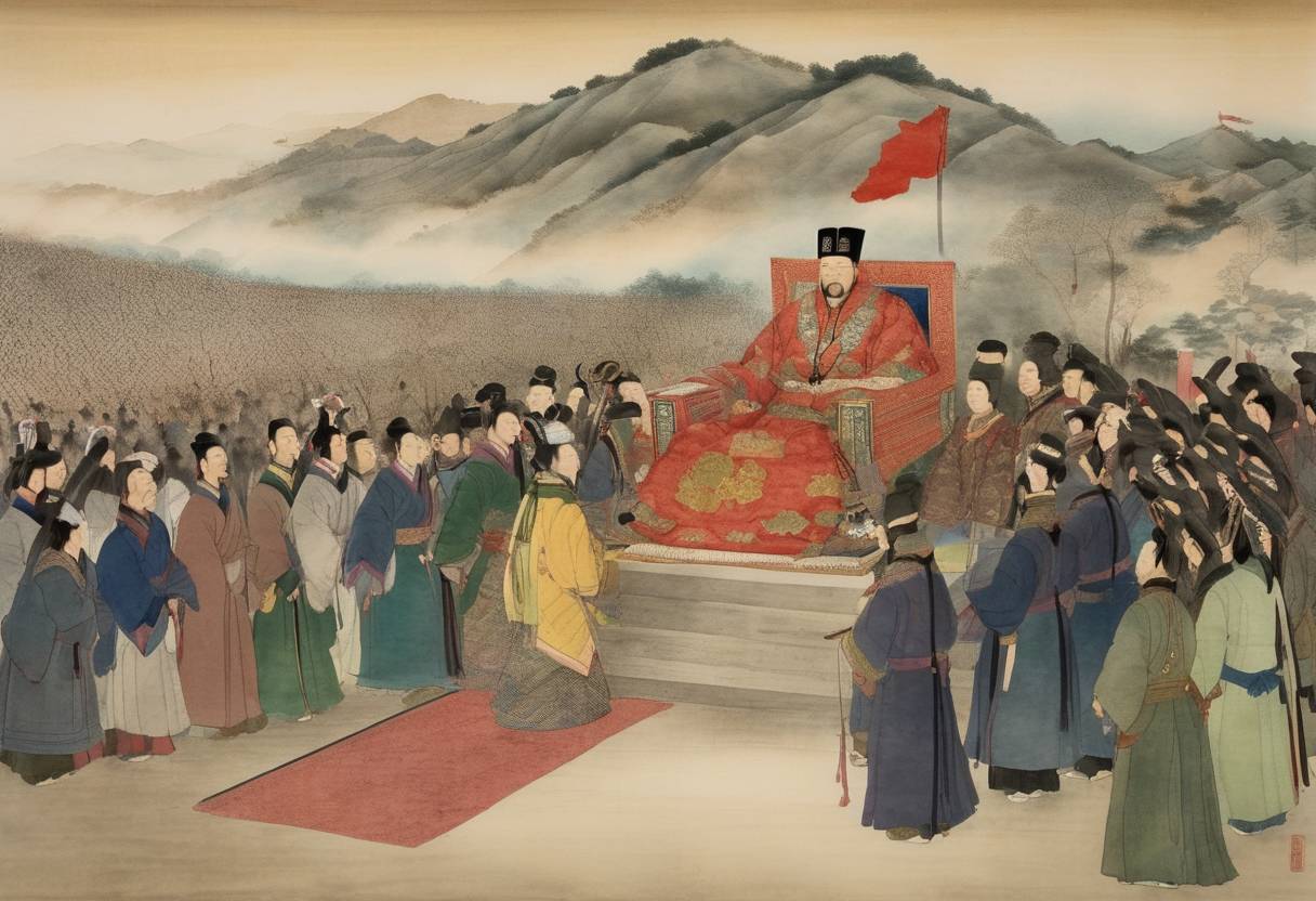 Watercolor painting based depiction of King Taejo of Joseon ascended to the throne of Korea. This event marked the foundation of the Joseon Dynasty, which would go on to dominate Korean politics, society, and culture for over five centuries. (1392)