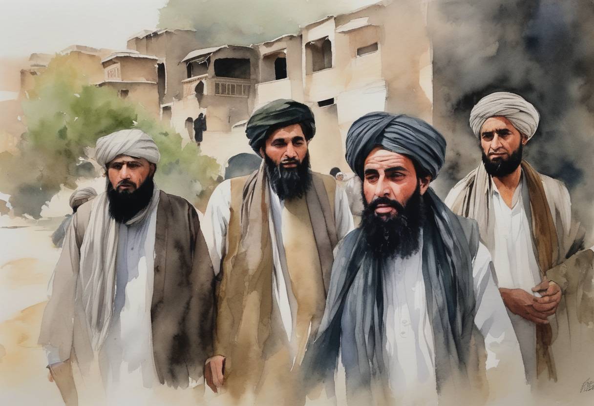 Watercolor painting based depiction of The Taliban announced an acting government in Afghanistan including several members from the previous Taliban regime of the 1990s. (2021)
