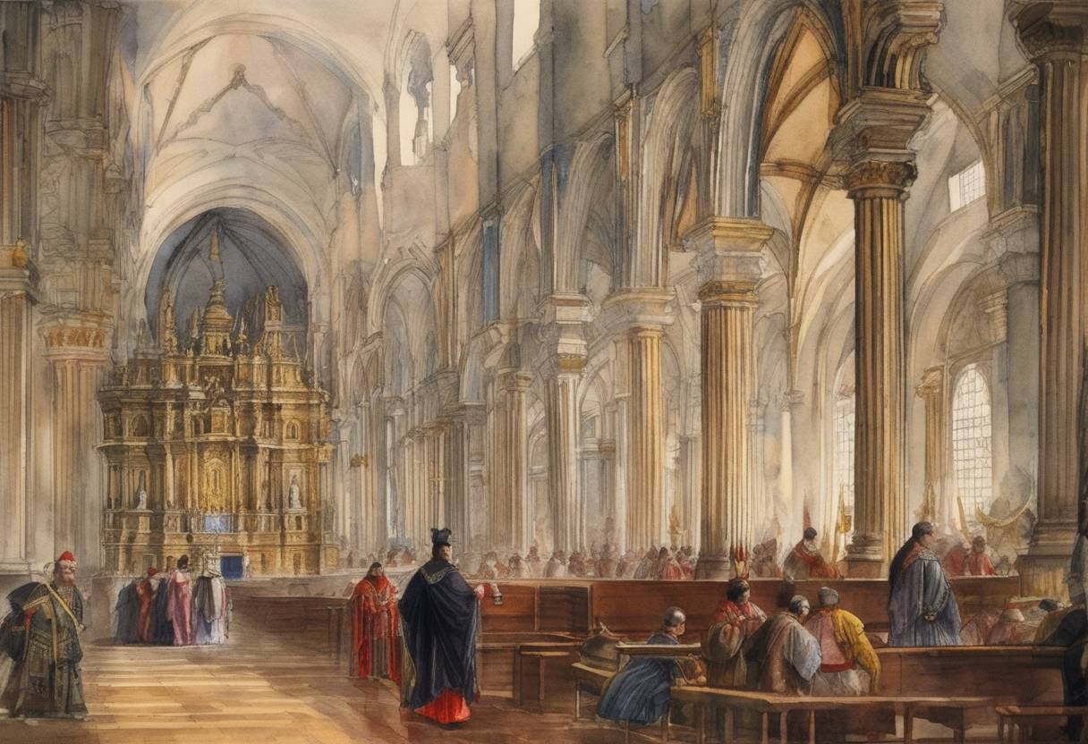 Watercolor painting based depiction of The Spanish Version of the Catholic Church's Holy Office in Peru was established under Phillip II, marking a significant extension of the Catholic Church's efforts to enforce religious orthodoxy in the New World. This Inquisition was part of broader efforts by the Spanish Crown and the Catholic Church to consolidate control over its colonies. (1574)