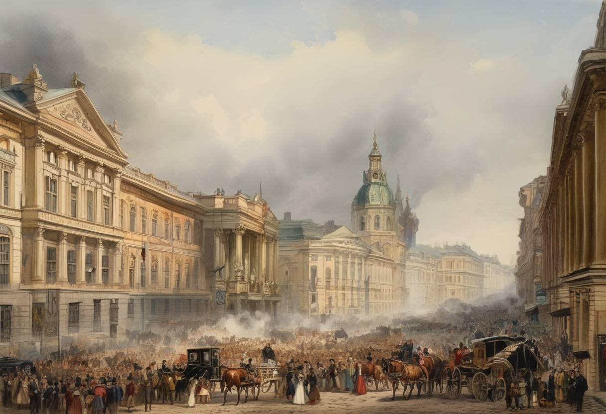 Watercolor painting based depiction of A major financial crisis known as the Panic of 1873 reached the Vienna Stock Exchange, marking a significant moment in a worldwide economic downturn. The crisis had begun on September 18 in the United States with the collapse of the banking firm Jay Cooke & Company. (1873)