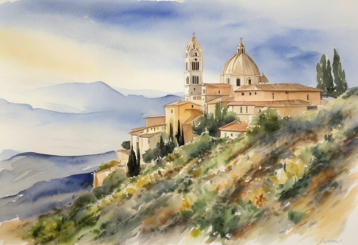 Watercolor painting based depiction of Pope John Paul I officially visited Loreto and Assisi, which marked his first pastoral visit outside Vatican City. (1978)