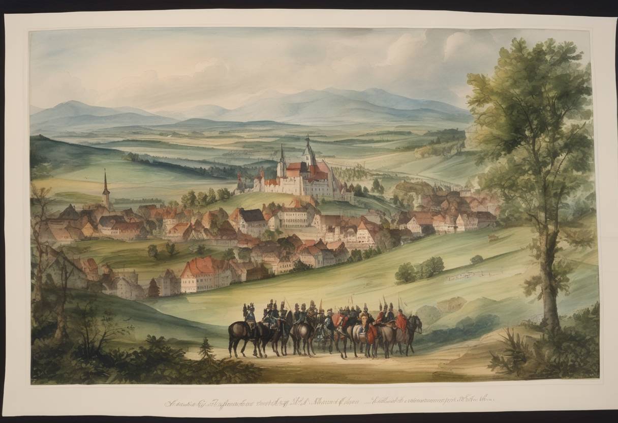 Watercolor painting based depiction of The Treaty of Neuberg was signed, dividing the Habsburg lands between Albert III and Leopold III. (1379)