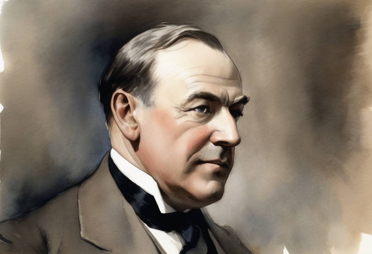 Watercolor painting based depiction of Stanley Baldwin, leader of the Conservative Party, becomes Prime Minister of the United Kingdom for the second time, succeeding Ramsay MacDonald. (1924)