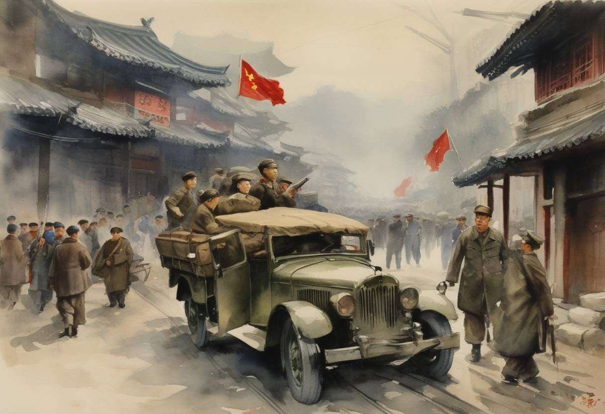 Watercolor painting based depiction of Chinese Communists and Nationalists agree to a ceasefire in their civil war at the behest of U.S. envoy George C. Marshall. (1945)