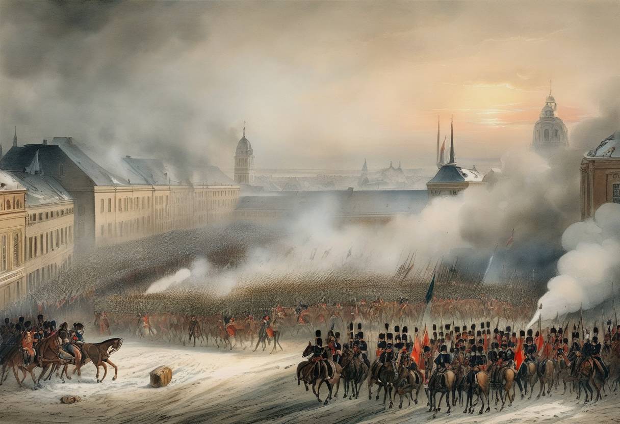 Watercolor painting based depiction of The Battle of Leipzig, also known as the Battle of Nations, concludes with a decisive victory for the Sixth Coalition against Napoleon's forces. This battle marked one of the largest conflicts of the Napoleonic Wars and significantly weakened Napoleon's grip on Europe. (1813)