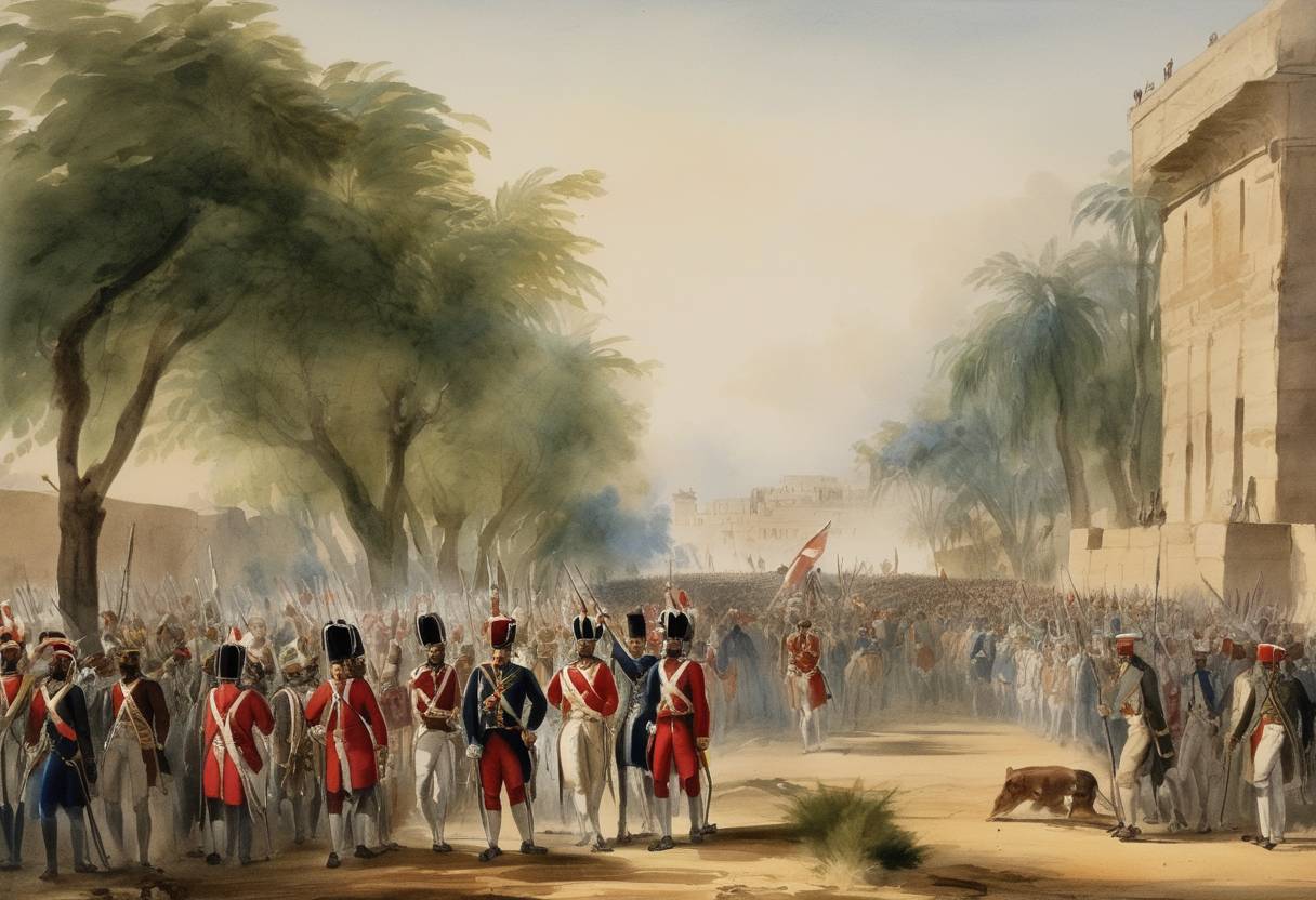 Watercolor painting based depiction of The French army under General Jean Baptiste Kléber began the march to recapture Egypt's towns from Ottoman forces following Napoleon's departure. (1800)