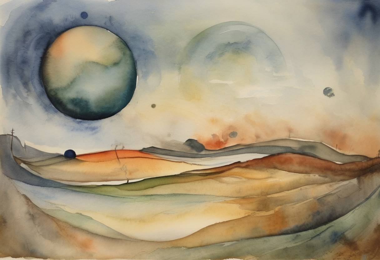 Watercolor painting based depiction of Albert Einstein presented his groundbreaking theory of general relativity, which fundamentally altered the understanding of gravitational forces. (1915)