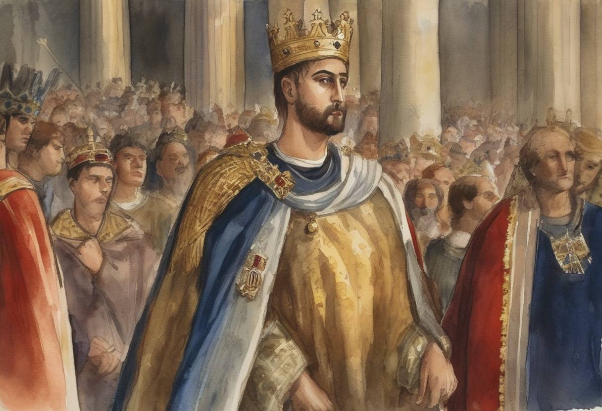 Watercolor painting based depiction of Roger II was crowned as the first King of Sicily in Palermo, consolidating the island's independence and initiating a prosperous reign. (1130)