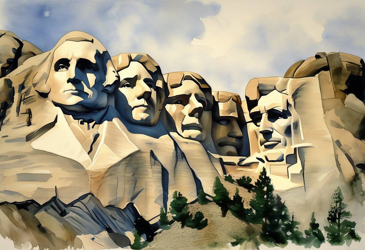 Watercolor painting based depiction of Work on Mount Rushmore begins with the sculpting of the faces of four U.S. presidents. (1927)
