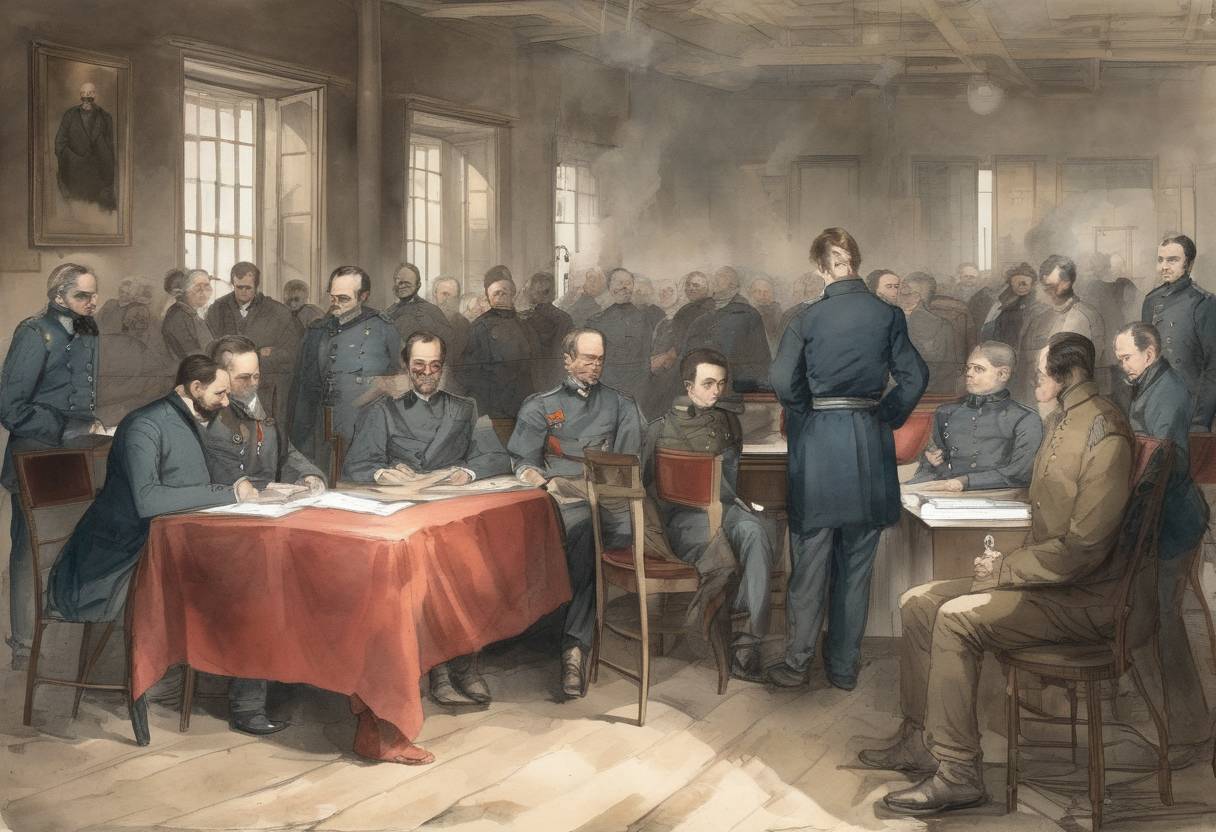Watercolor painting based depiction of The First Geneva Convention was adopted, establishing the rules for the treatment of wounded soldiers and the protection of medical personnel during war. (1864)